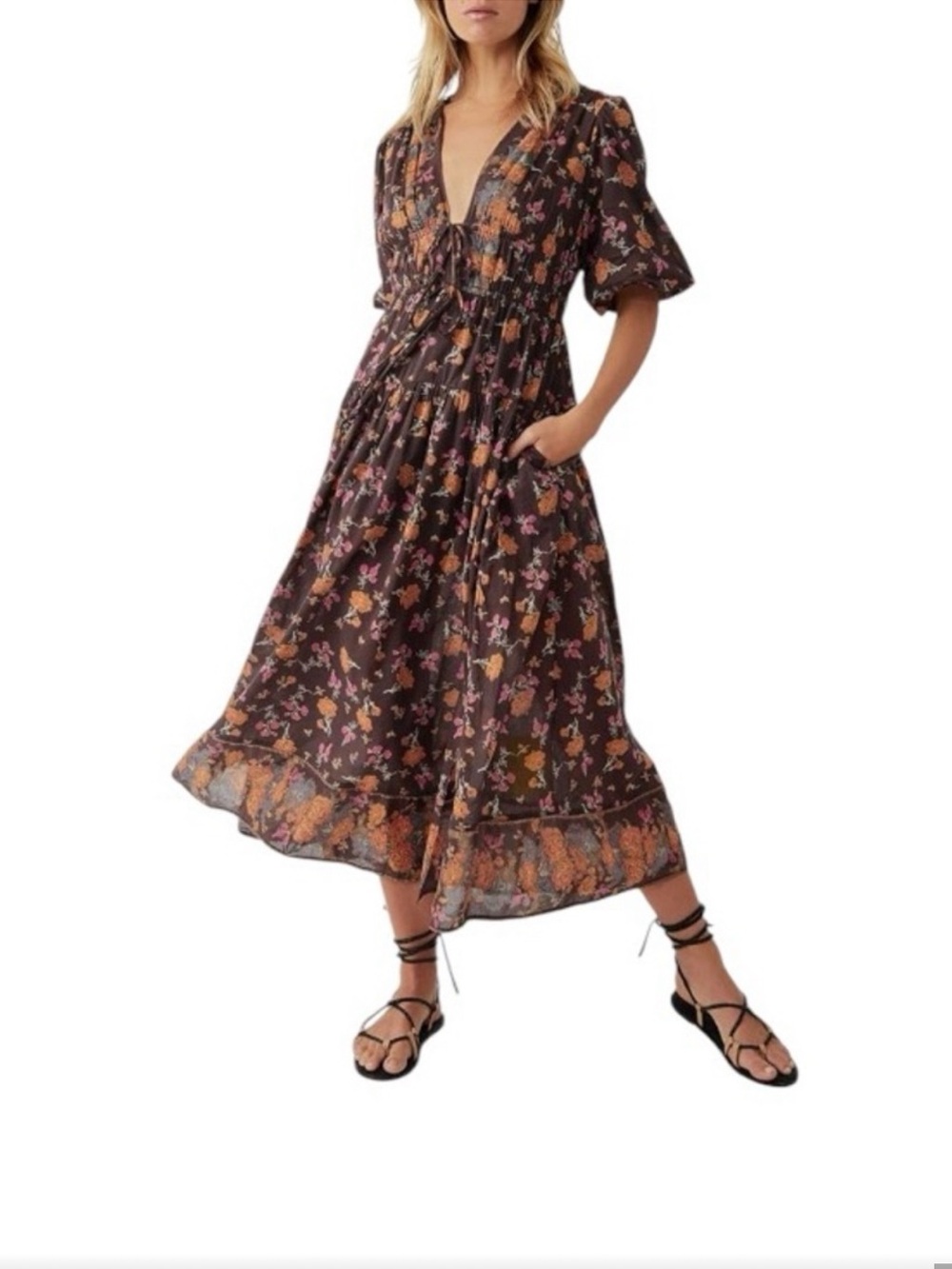 FREE PEOPLE Lysette Floral Maxi Dress 100%Cotton Size Small • Side Seam Pickets